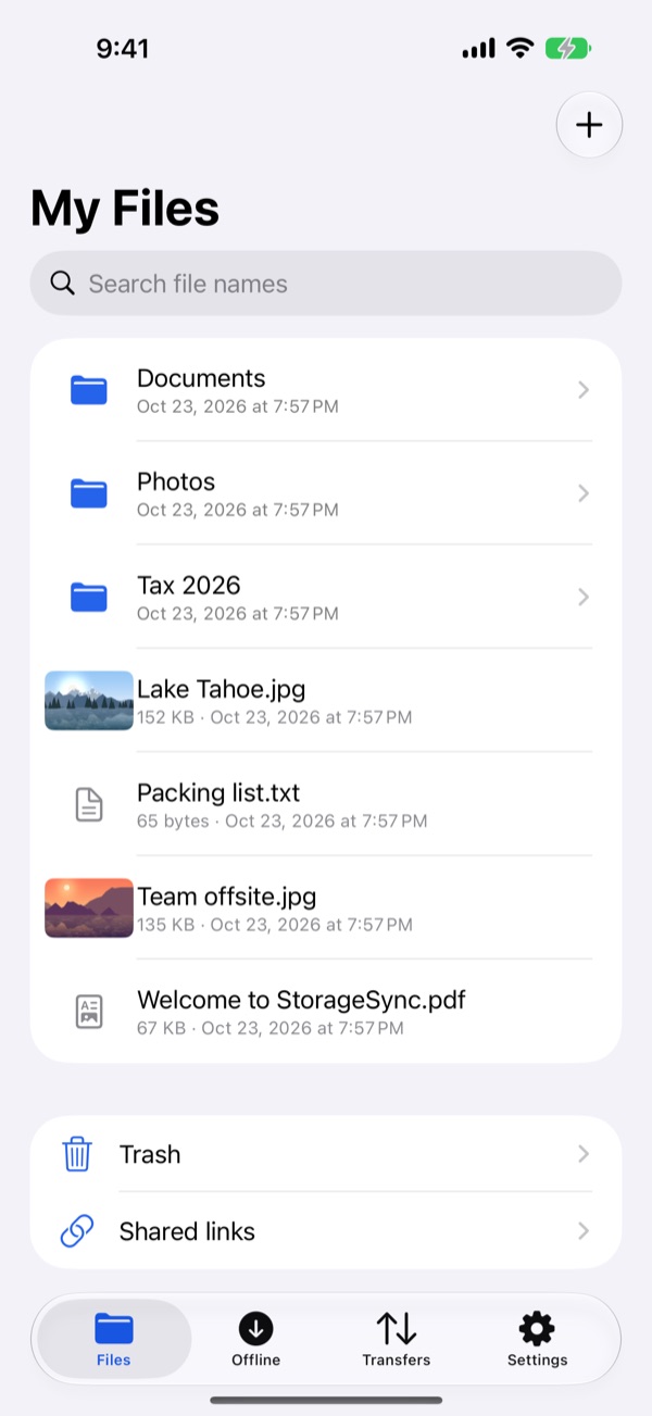 StorageSync on iPhone showing an encrypted file list
